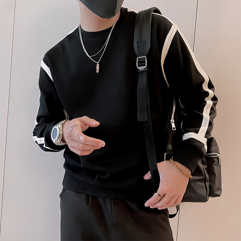 W15/特P58控78秋季社会精神小伙痞帅简约织带打底长袖卫衣男黑首1,男装T恤,星座305B