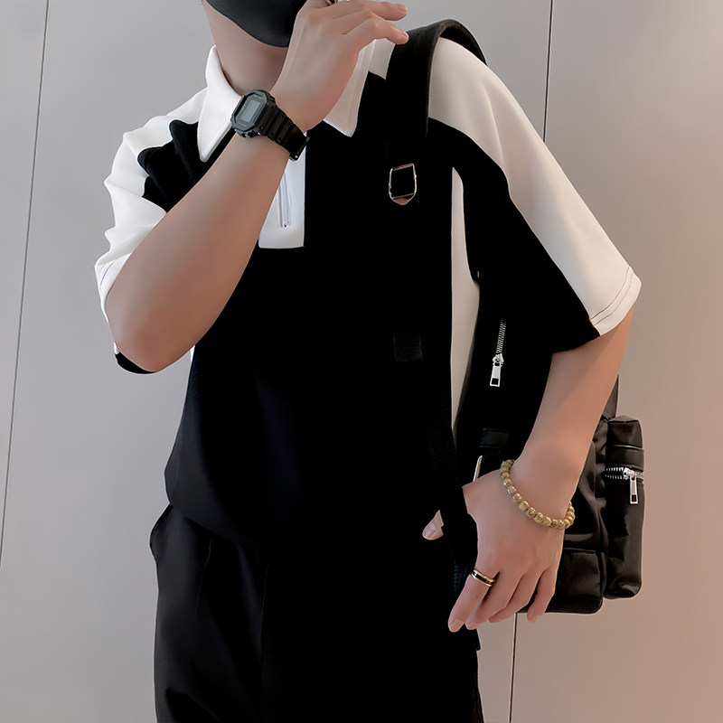 8984/P48控68夏季小伙高档撞色黑白拼接轻奢polo衫短袖T恤男白首1,男装Polo衫,星座305B