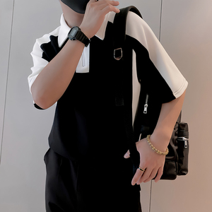 8984/P48控68夏季小伙高档撞色黑白拼接轻奢polo衫短袖T恤男白首1图片