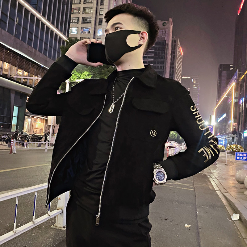 JK32/P115控155秋季社会小伙翻领刺绣鹿皮绒夹克外套男黑首1,男装夹克,星座305B