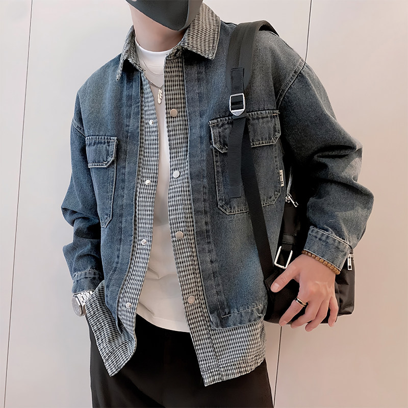 JK339/P115控155春秋季痞帅假两件渐变洗水牛仔夹克轻奢外套蓝首,男装工装外套,星座305B