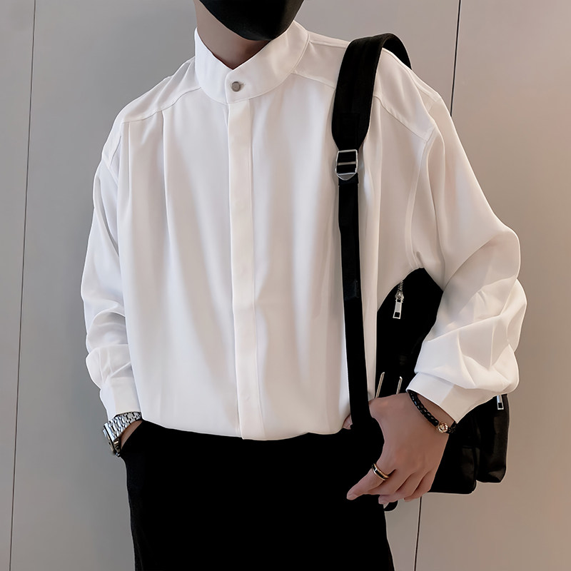 S97/P55控75秋季社会小伙双层领轻奢设计感金属长袖衬衫男黑首1,男装衬衫,星座305B
