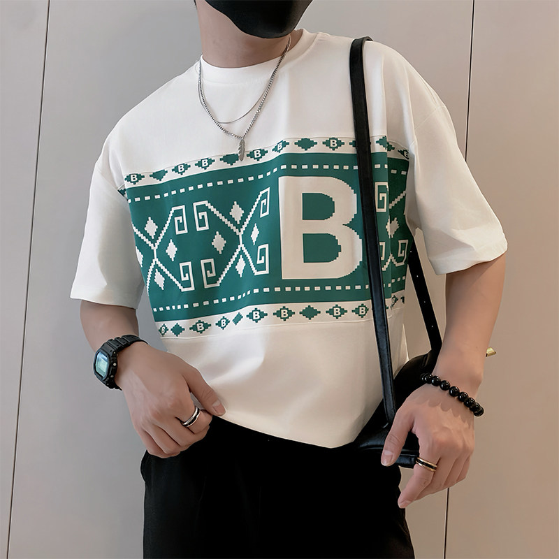 8977/P48控68夏季小伙痞帅印花字母时尚短袖T恤男高档上衣白色首1,男装T恤,星座305B