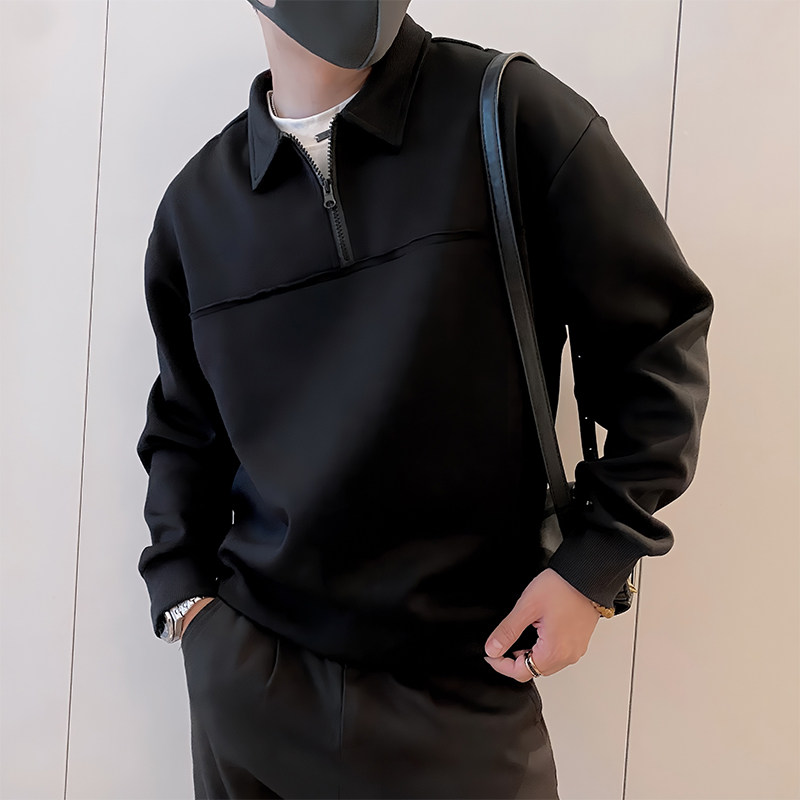 Y342/特P68控98秋季痞帅小伙半高领假两件翻领轻奢长袖卫衣男黑首图片