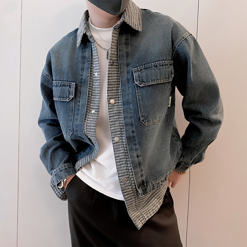 JK339/P115控155春秋季痞帅假两件渐变洗水牛仔夹克轻奢外套蓝首,男装工装外套,星座305B