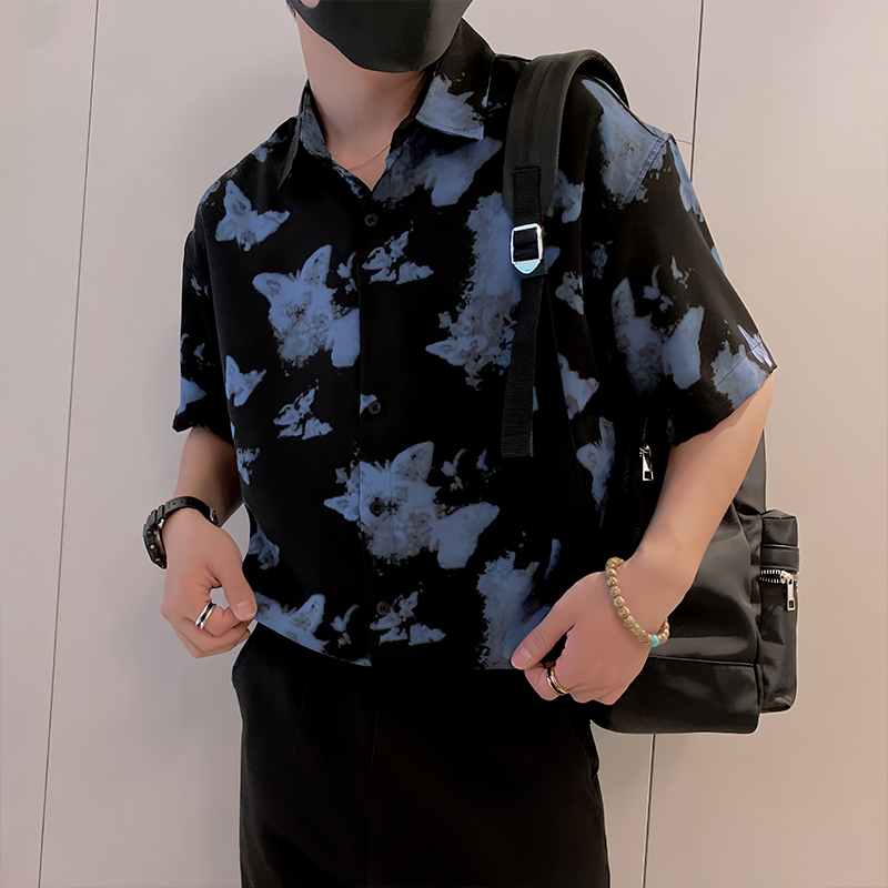 S94/P58控88夏季小伙冰丝凉感蝴蝶印花衬衫外套男轻痞帅男装黑首1，男装衬衫，星座305B