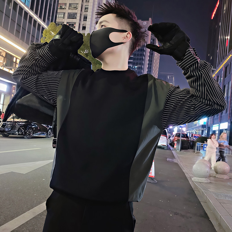 Y222/P58控78秋季痞帅小伙重工艺条纹设计感打底衫梭织卫衣男黑首,男装T恤,星座305B