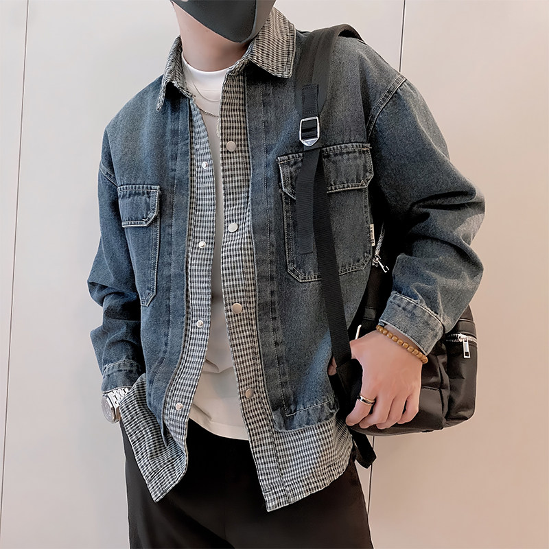 JK339/P115控155春秋季痞帅假两件渐变洗水牛仔夹克轻奢外套蓝首,男装工装外套,星座305B