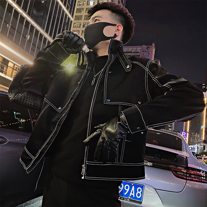 JK218/P130控170秋季社会小伙重工明线设计皮衣夹克外套男黑首1,男装夹克,星座305B