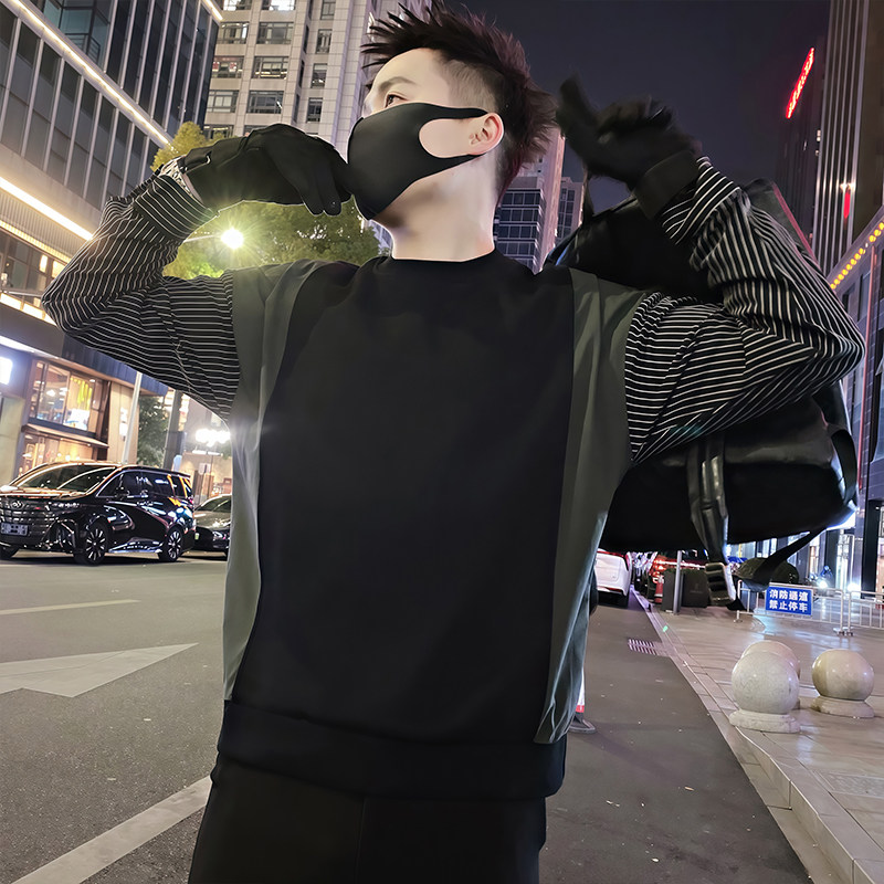 Y222/P58控78秋季痞帅小伙重工艺条纹设计感打底衫梭织卫衣男黑首,男装T恤,星座305B
