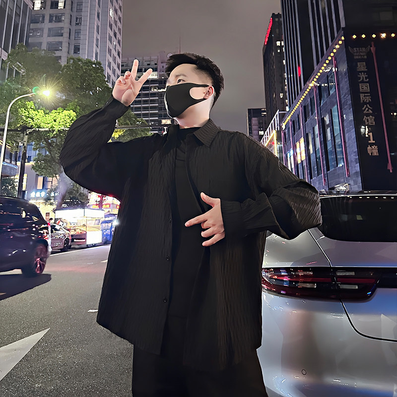 S101/P58控78 春秋季肌理感通勤长袖衬衫轻奢韩系百搭外套男黑首1图片