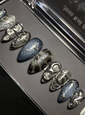 24Pcs False Nails Spicy Girl Silver Bow with Diamond Fake Na