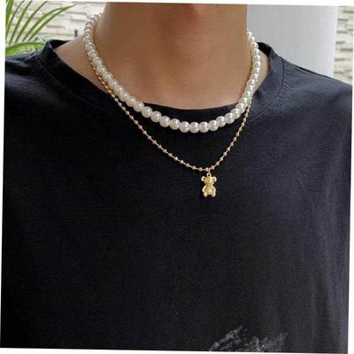 Fashion Imitation Pearls Chokers Necklace For Men Punk Bear