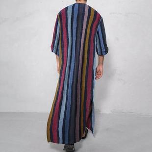 Shirt Men 条纹长袍衬衫 Stripes 男士 Print Robes Button Muslim