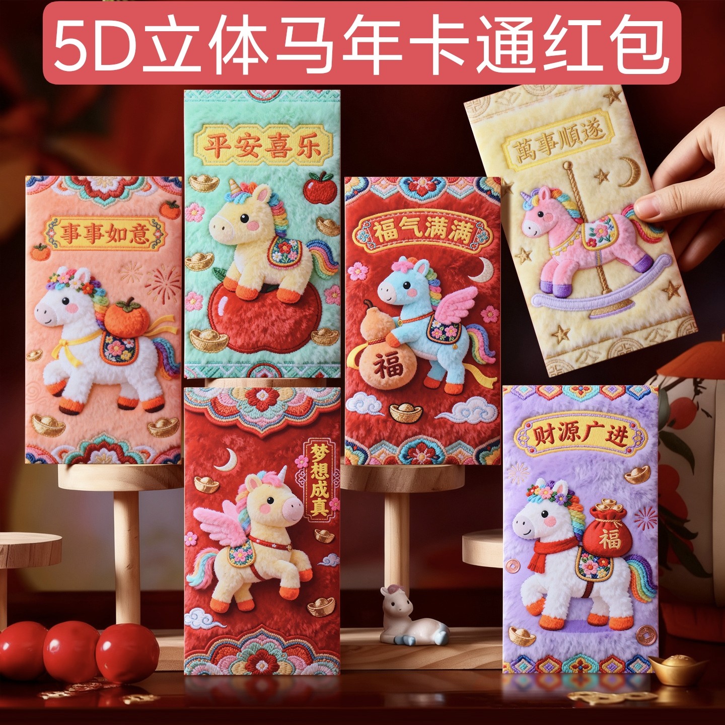 2026年5D立体仿真刺绣卡通红包袋可爱新款儿童压岁包马过年利是封