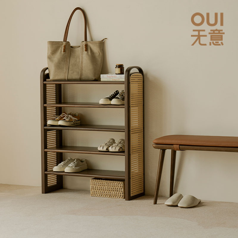 无意日式黑胡桃木鞋架多层简约