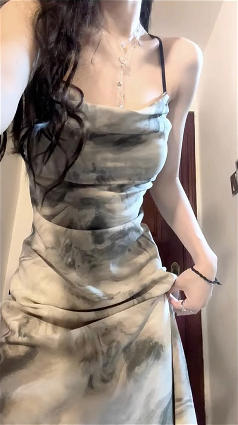 新中式连衣裙水墨画吊带中长裙子