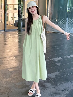 度假风连衣裙绿色无袖中长裙子