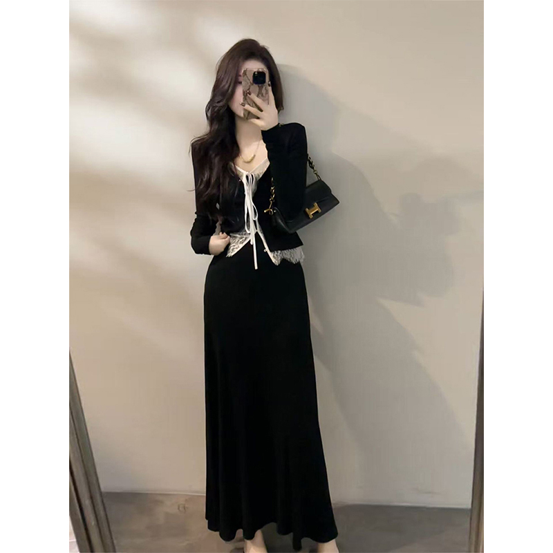 法式小香风黑色长袖连衣裙套装女