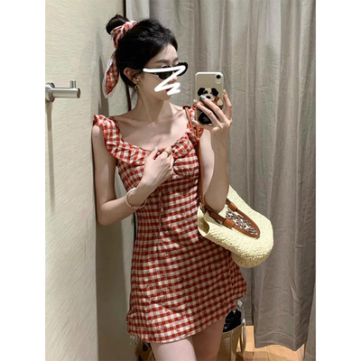 法式甜美红色格子吊带连衣裙女装