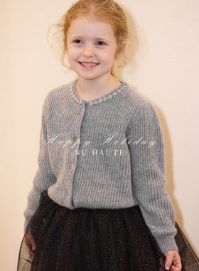 NU童装 25早春女童法式镶钻羊绒长袖开衫保暖毛衣节日针织外套