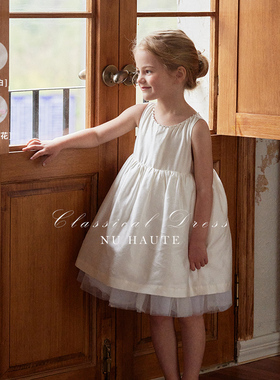 NU童装 夏季女童法式复古一字领缎面生日礼服裙无袖公主连衣裙