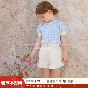 NU童装 夏季新款女童法式格纹针织短袖上衣度假棉麻阔腿长裤