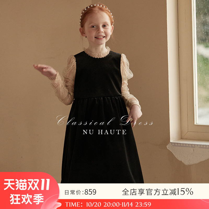 NU童装  春秋季高级质感平绒真丝拼接小立领礼服裙法式复古连衣裙