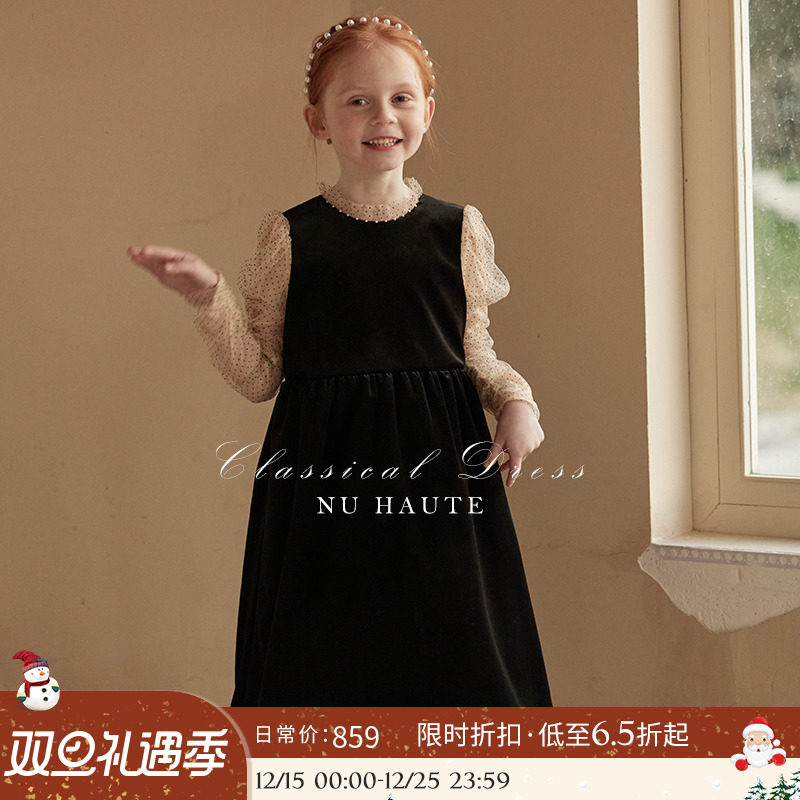 NU童装  春秋季高级质感平绒真丝拼接小立领礼服裙法式复古连衣裙