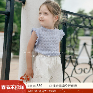 NU童装 夏季女童法式复古镂空针织背心度假刺绣阔腿短裤