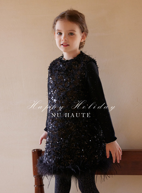 NU童装  秋冬鸵鸟毛节日亮片黑礼服背心裙法式女童生日连衣裙年服