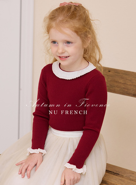 NU童装 秋冬季法式复古小提花翻领羊毛打底上衣套头衫两色选