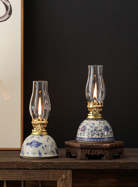老式玻璃酥油灯传统青花陶瓷茶室家居摆件灯芯仿古供佛拜神照明灯
