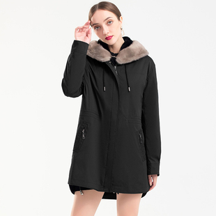 季末清仓专柜派克服女水貂连帽短款宽松皮草大衣尼克服獭兔毛内胆
