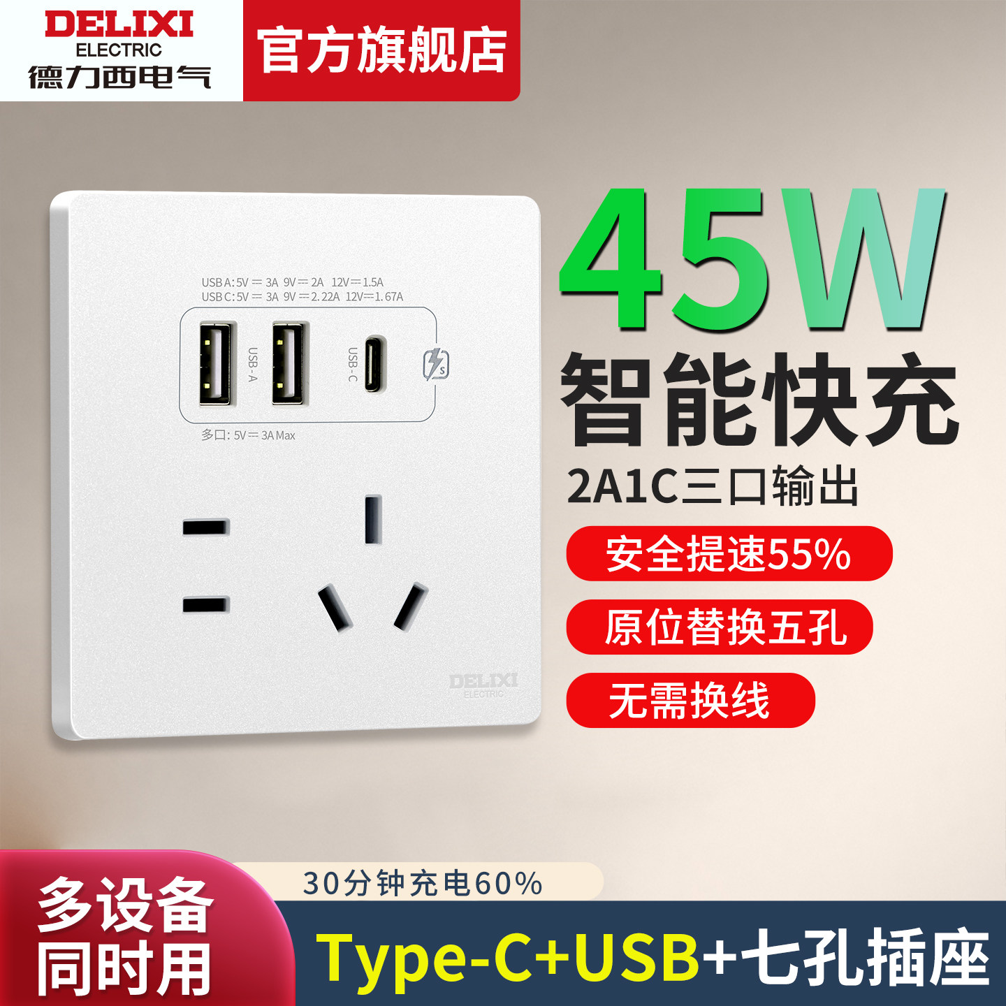 德力西45W智能快充USB插座带Type-c手机充电五孔墙壁面板家用86型,电子/电工,USB插座/快充插座,淘宝优惠券,粉丝福利购,淘宝优惠卷