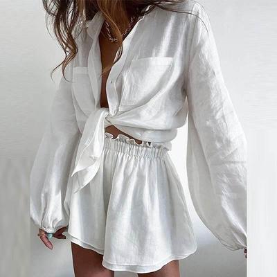 Shorts long-sleeved suit夏季女休闲时尚纯色荷叶边短裤长袖套装