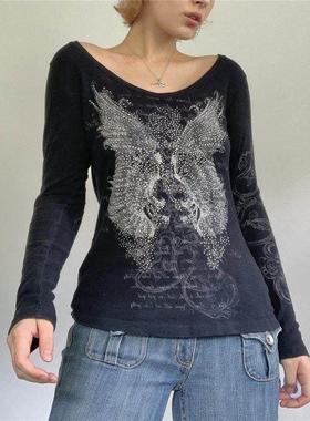 T Shirt Women Grunge Tops Rhinestone y2k Clothes Streetwear