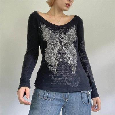 T Shirt Women Grunge Tops Rhinestone y2k Clothes Streetwear