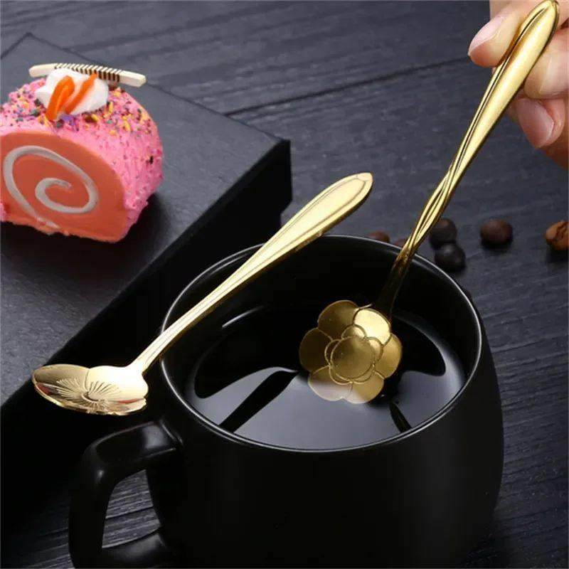 8pcs Stainless Steel Cherry Rose Flower Gold Scoop Coffee Sp