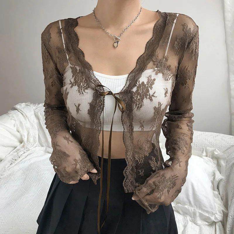 Women Sexy See Through Cardigans Y2K Long Sleeve Lace Mesh L
