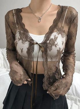 Women Sexy See Through Cardigans Y2K Long Sleeve Lace Mesh L