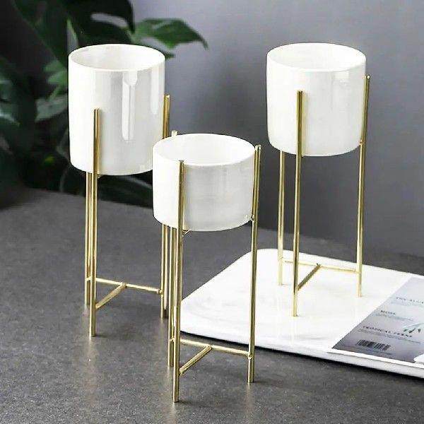 1 Set Iron Frame Table Flower decoration Ceramic Pot，Gold