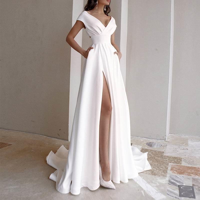 White long dress 一字露背V领晚礼服白色系列拖地轻婚纱连衣裙女