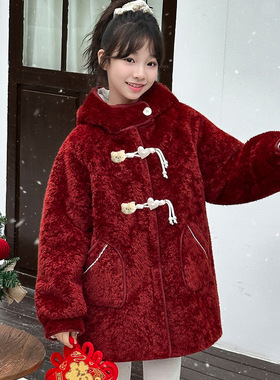 女童冬装外套2025新款红色加厚女大童上衣加绒洋气本命年韩版棉衣