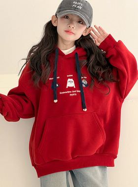 韩系女童卫衣2025新款儿童加绒保暖红色厚上衣中大童内搭时髦冬装