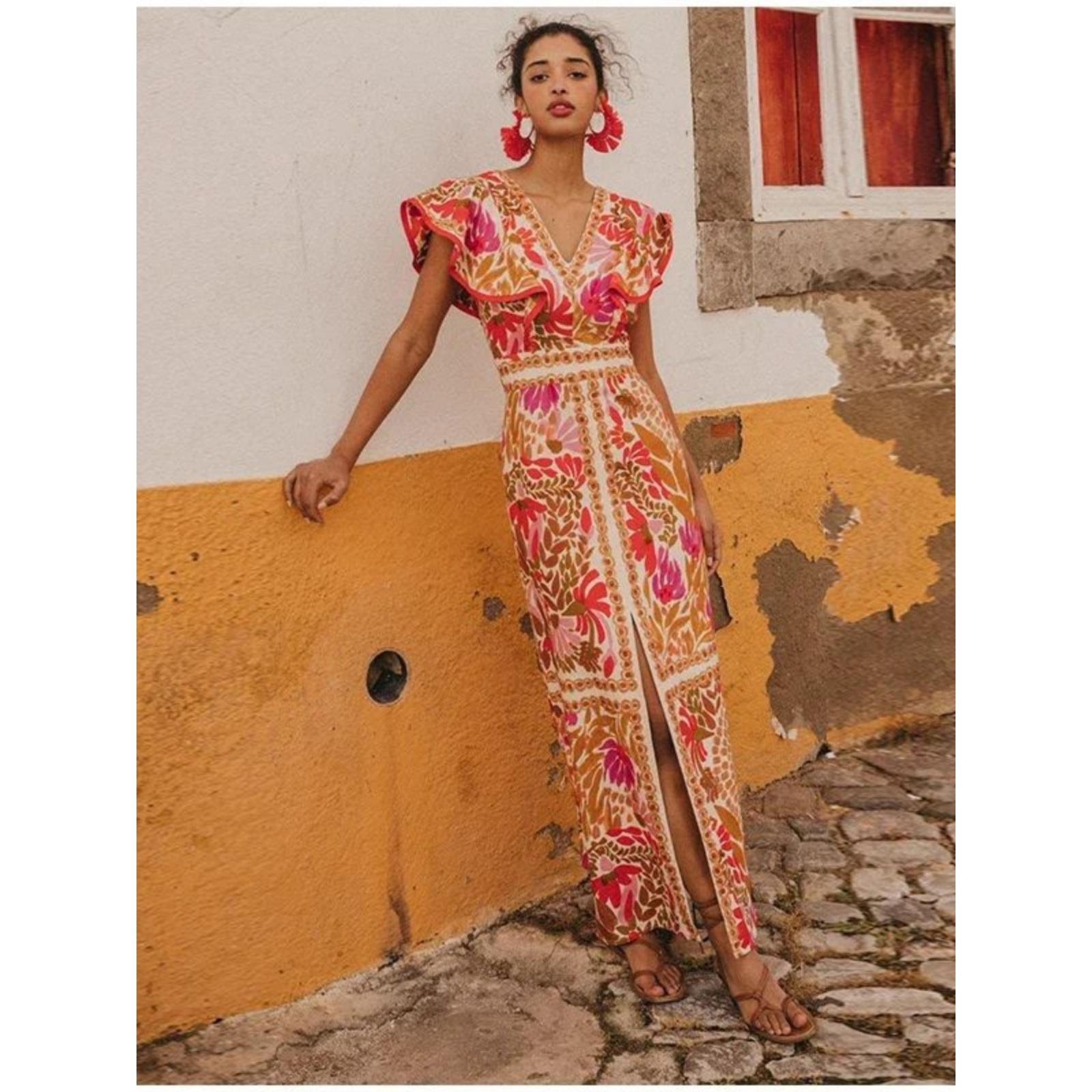 V-neck ruffled slit backless dress V领荷叶边开衩露背连衣裙女