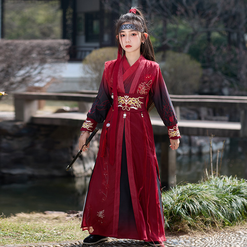 儿童汉服女童花木兰服装中国风夏季薄款将军飞鱼服侠客古装表演服图片