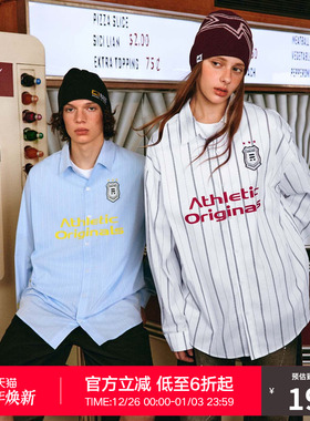 RASS运动撞色条纹长袖衬衫 国潮牌潮流宽松休闲情侣翻领外穿衬衣