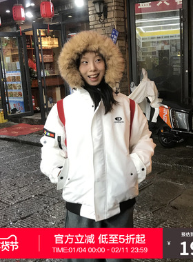 RASS短款连帽派克棉服 冬季保暖加厚国潮牌潮流休闲白色情侣棉衣