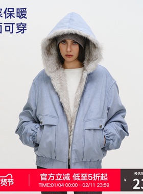 RASS麂皮质感皮双面穿座山雕宽松棉服 冬季保暖情侣连帽棉衣外套